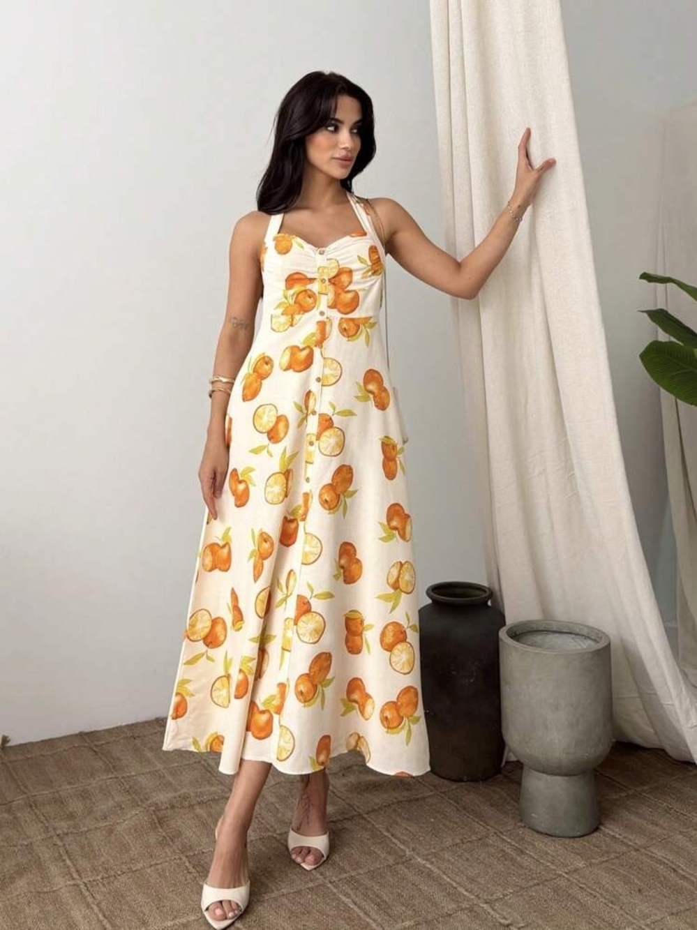 Zara Orange Citrus Fruit Print Linen Blend Halter Maxi Dress 4387/223/615 Size M